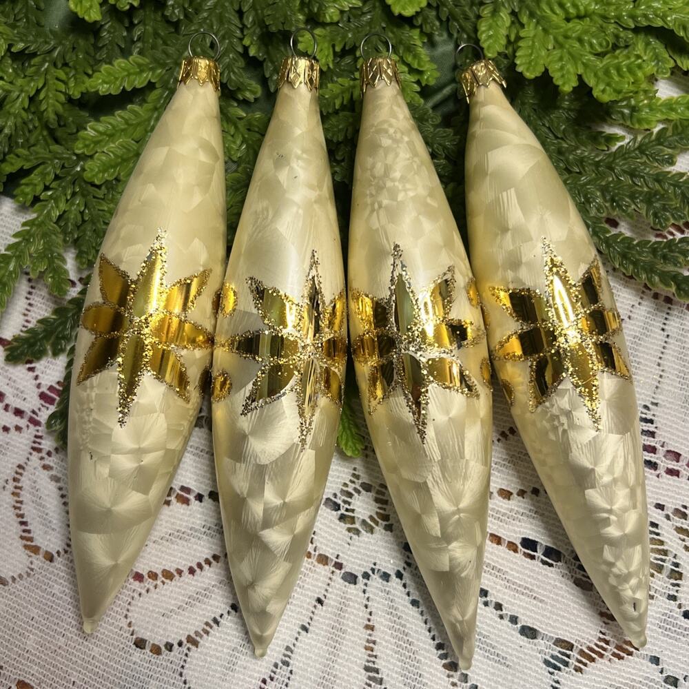 Vintage Lot of 4 Columbia Christmas Ornaments Glass Icicle Gold Star Cream